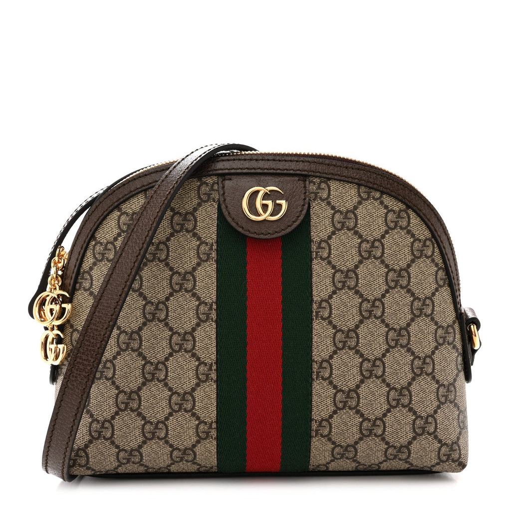 Gucci GG Supreme Monogram Textured Dollar Calfskin Web Small Ophidia Dome Shoulder Bag Beige Ebony New Acero