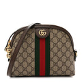 Gucci GG Supreme Monogram Textured Dollar Calfskin Web Small Ophidia Dome Shoulder Bag Beige Ebony New Acero