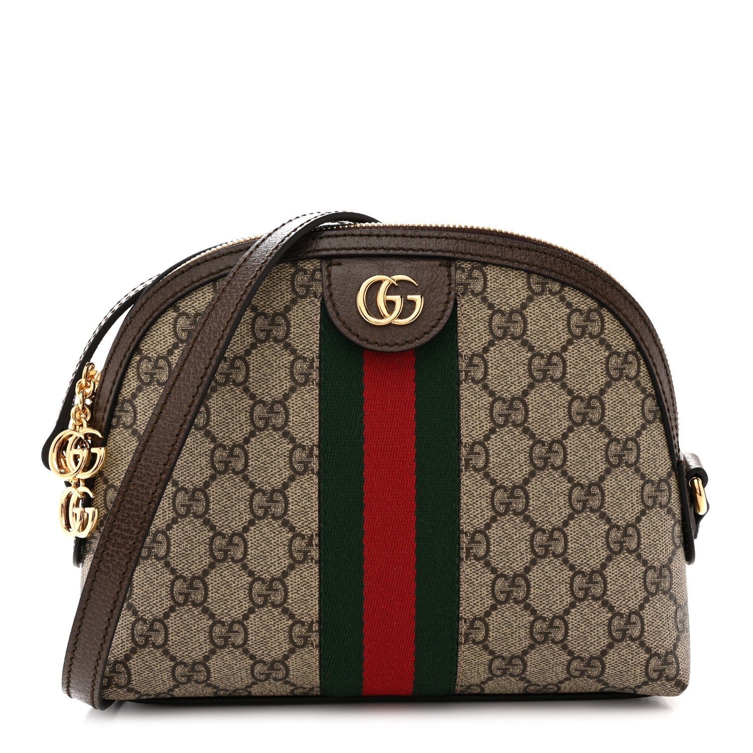 Gucci GG Supreme Monogram Textured Dollar Calfskin Web Small Ophidia Dome Shoulder Bag Beige Ebony New Acero