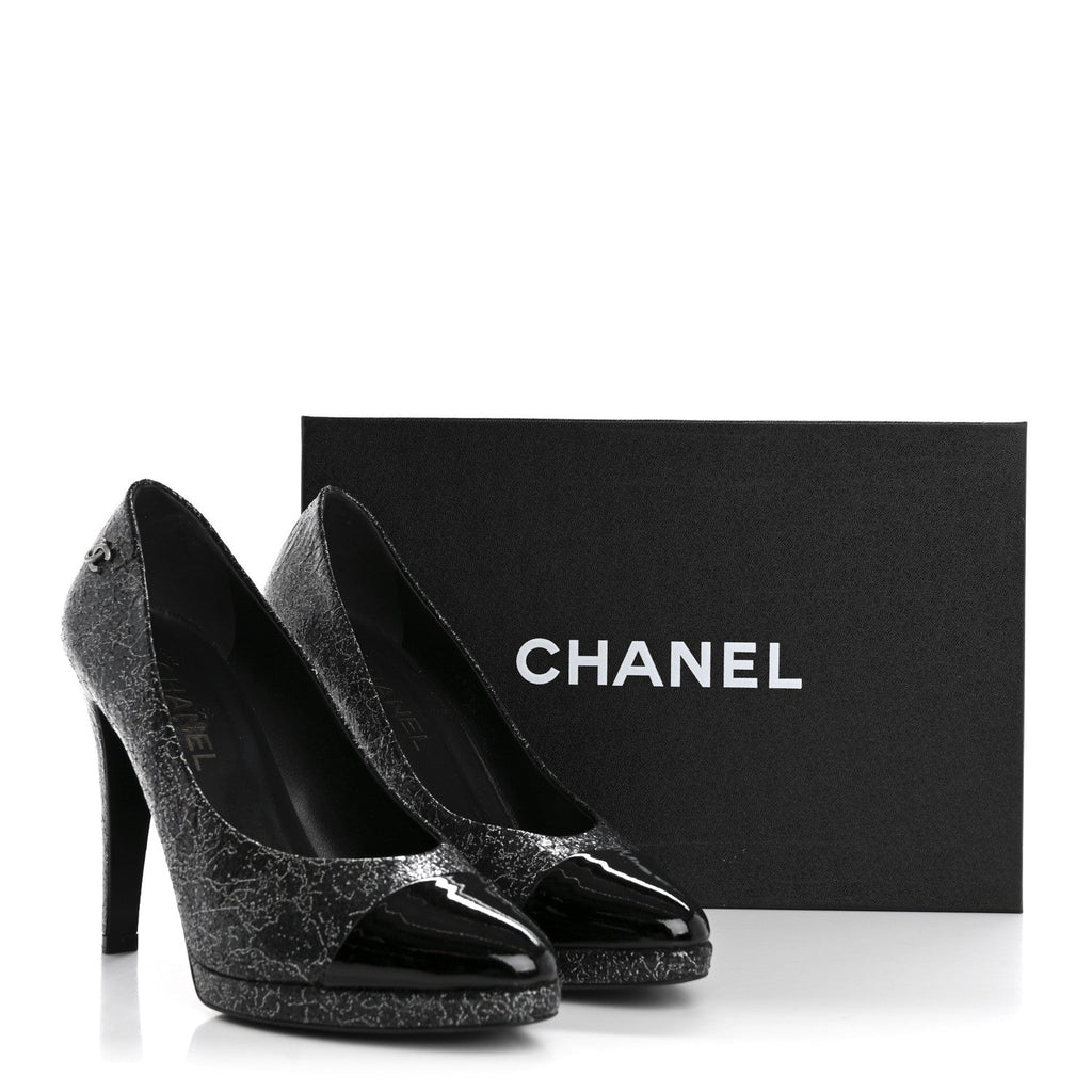 Metallic Crackled Calfskin Patent Cap Toe Pumps 41 Silver Black