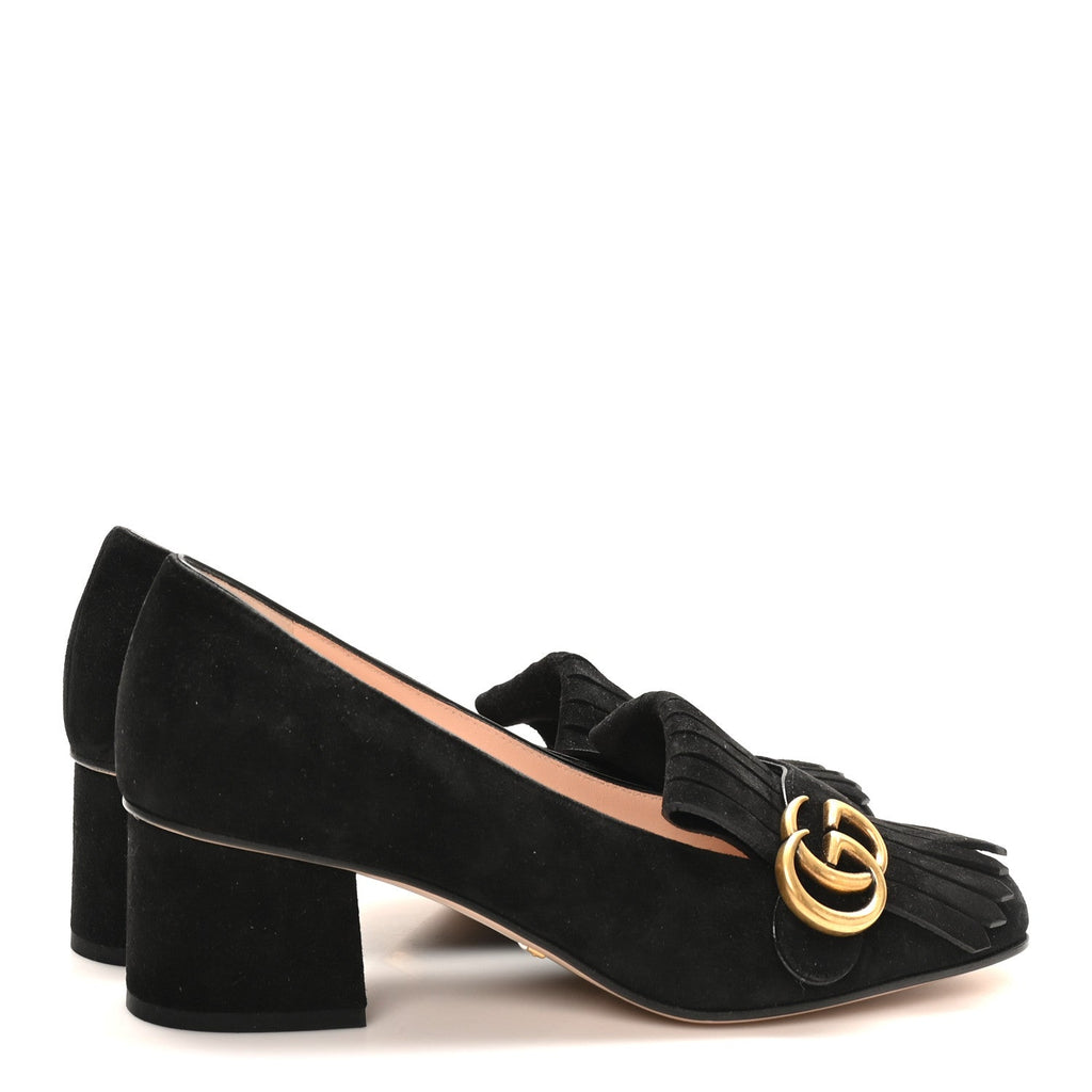 Gucci Kid Scamosciato GG Marmont Fringe 50mm Loafer Pumps 38 Black