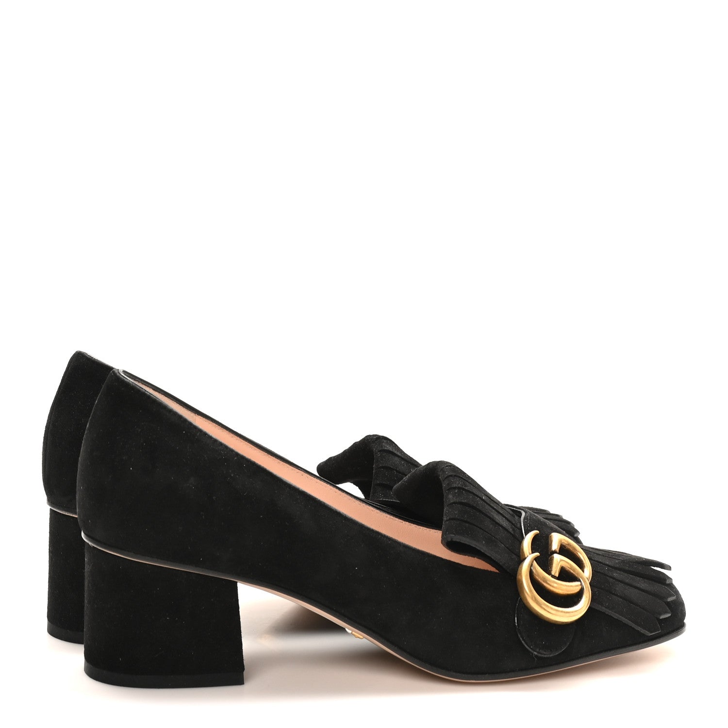 Gucci Kid Scamosciato GG Marmont Fringe 50mm Loafer Pumps 38 Black