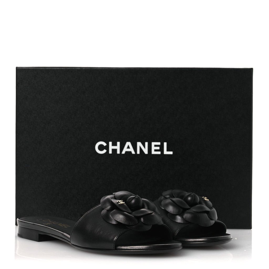 Lambskin Camellia Sandal Mules 37.5 Black
