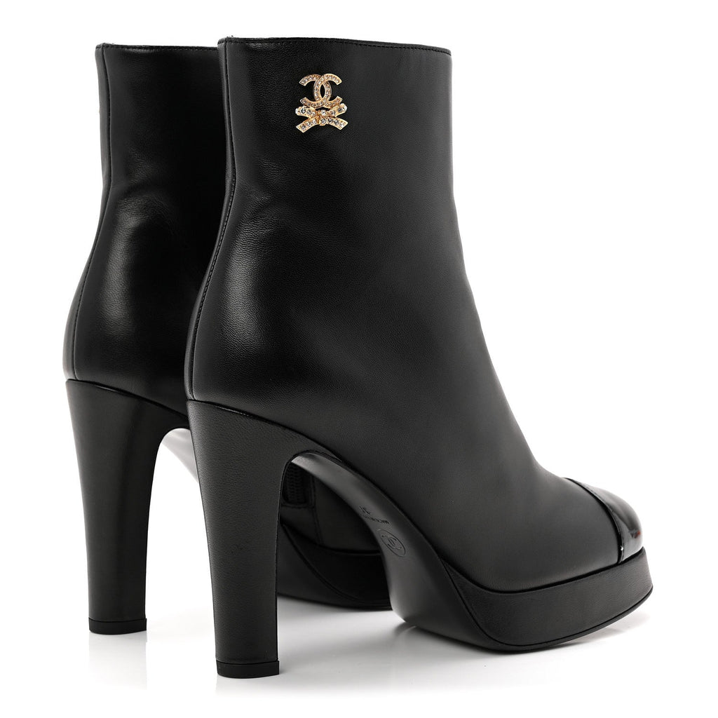 Lambskin Patent CC Crystal Bow Cap Toe Short Boots 37 Black