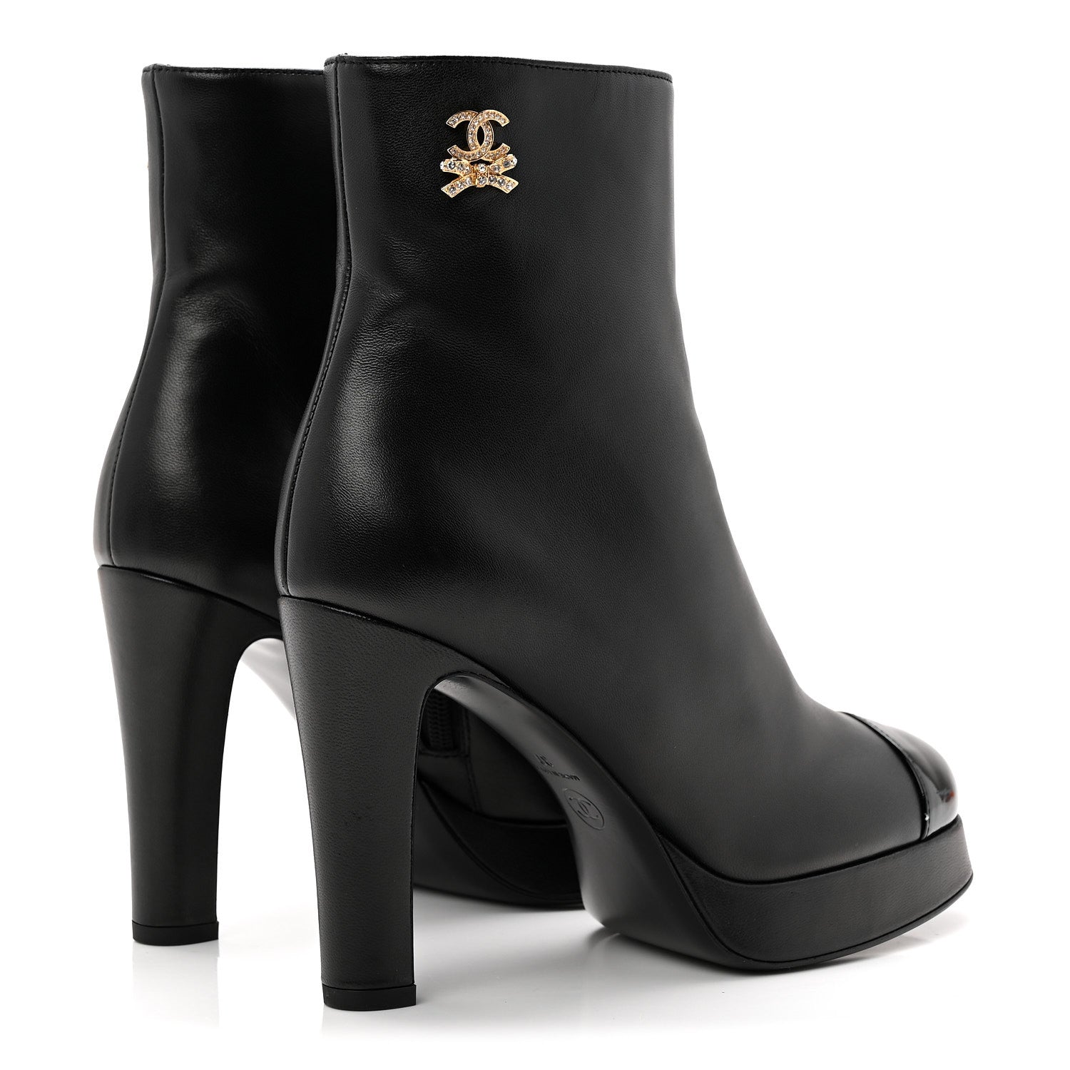 Lambskin Patent CC Crystal Bow Cap Toe Short Boots 37 Black