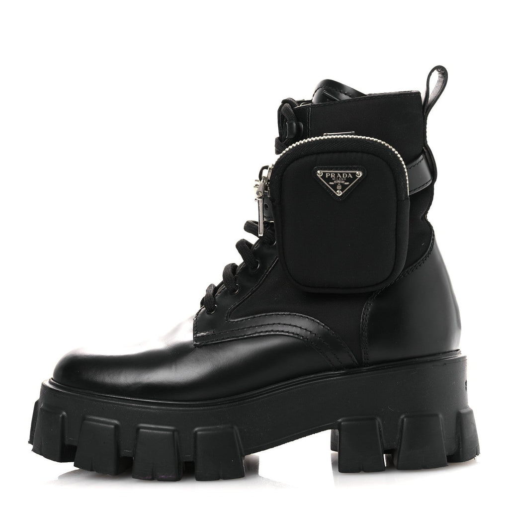 Prada Spazzolato Rois Nylon Metal Triangle Logo Monolith Pouch Pocket 55mm Boots 37 Black