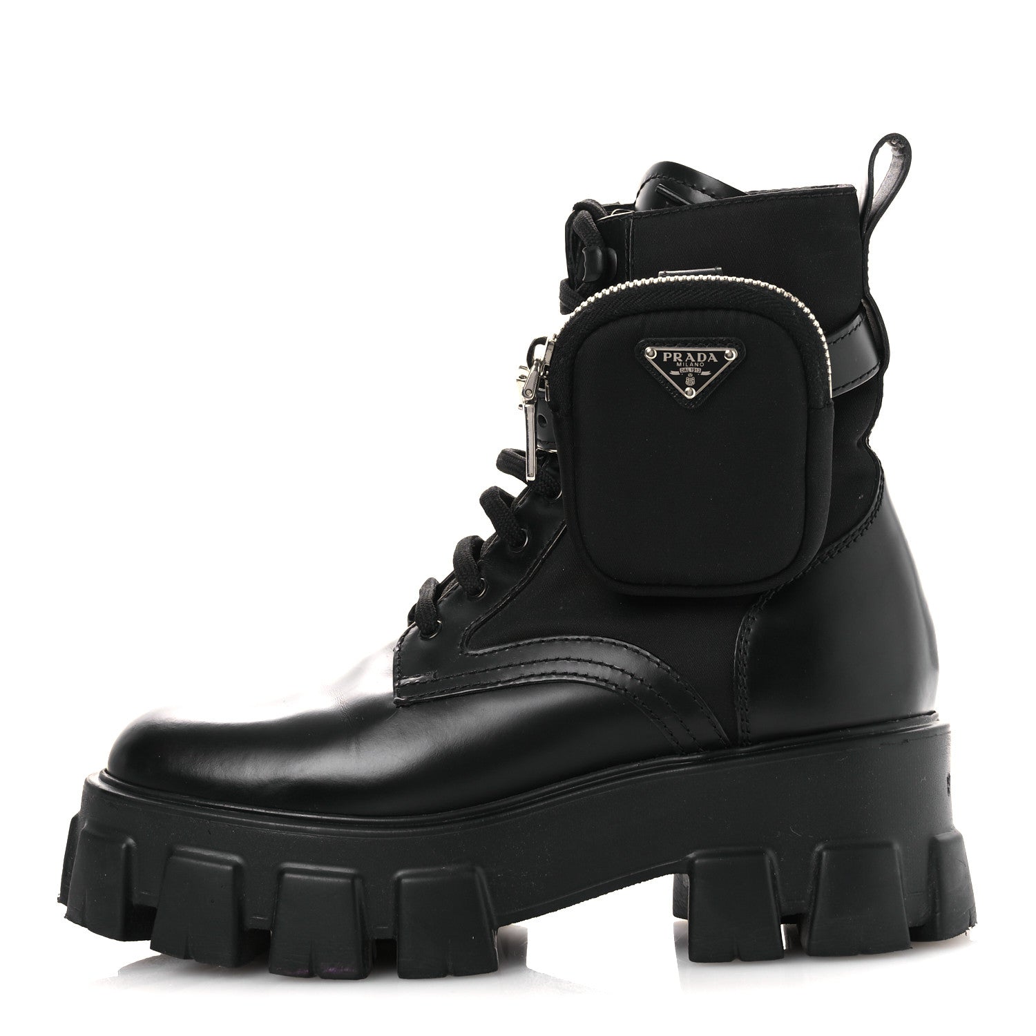 Prada Spazzolato Rois Nylon Metal Triangle Logo Monolith Pouch Pocket 55mm Boots 37 Black