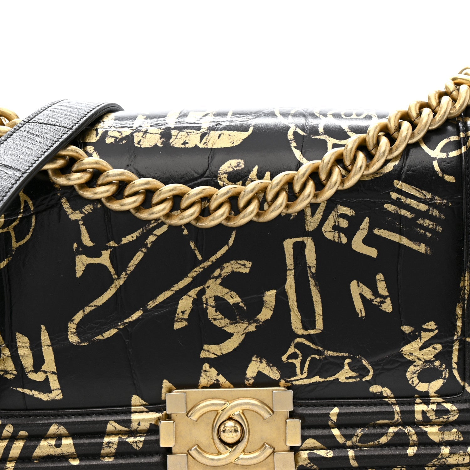 Chanel Calfskin Crocodile Embossed Graffiti Cocodile Medium Boy Flap Black