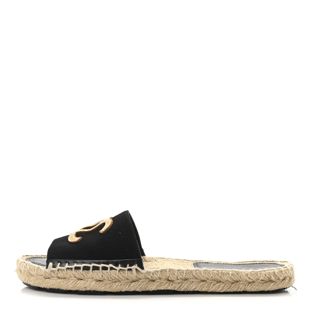 Chanel Wool Laminated Lambskin CC Slide Sandals 41 Black Gold