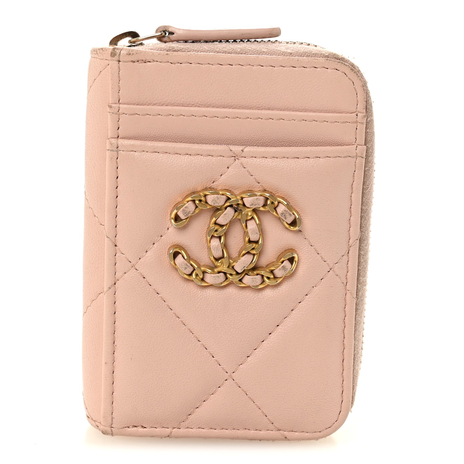 Lambskin Quilted Chanel 19 Vertical Zip Card Holder Wallet Light Pink