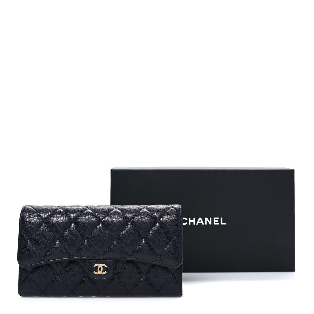 Caviar Quilted Large Gusset Flap Wallet Navy