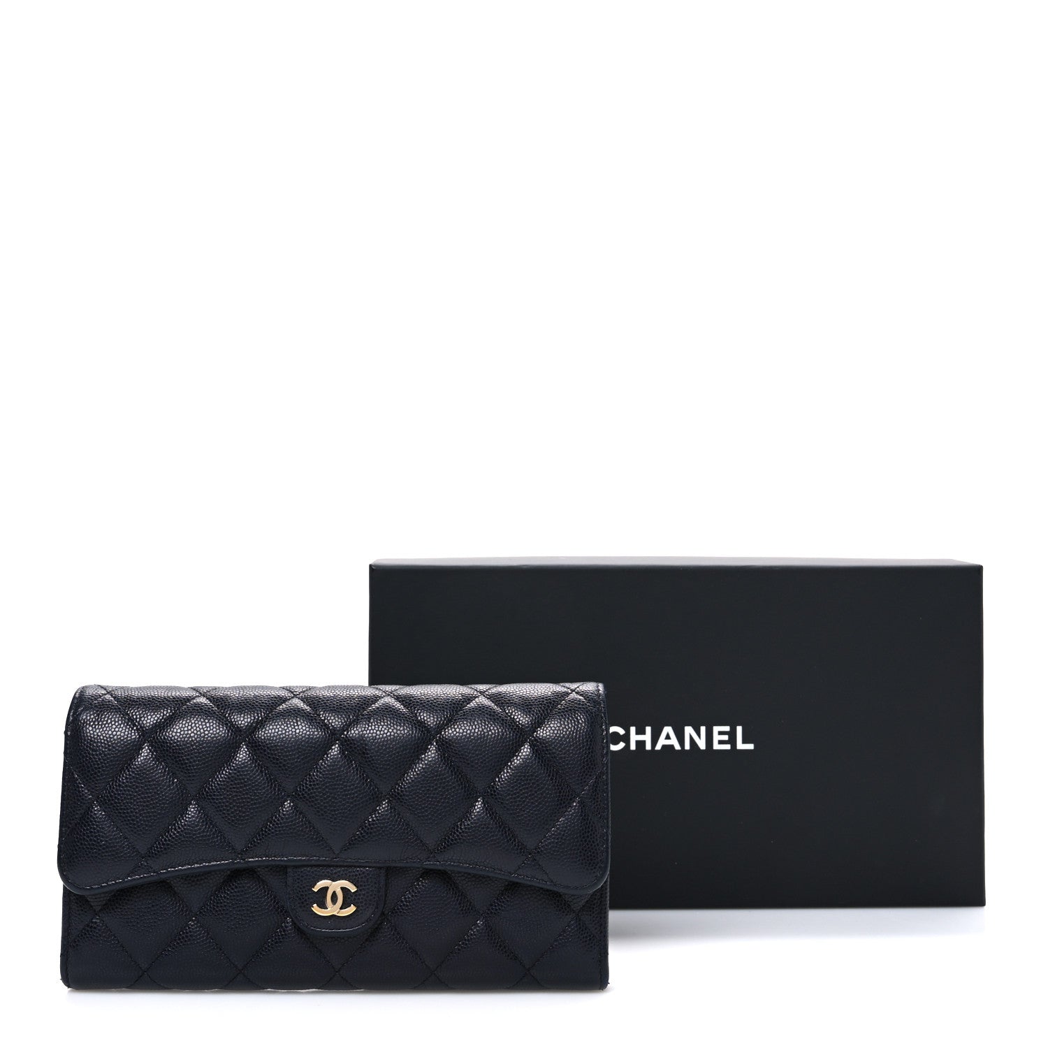 Caviar Quilted Large Gusset Flap Wallet Navy