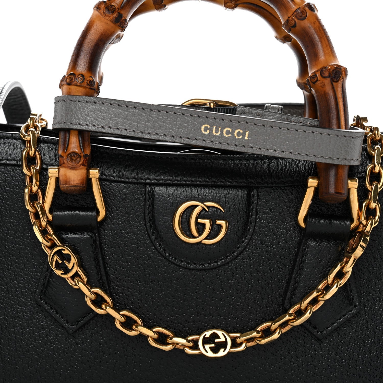 Gucci Textured Dollar Calfskin Web Small Diana Shoulder Bag Black Dusty Grey