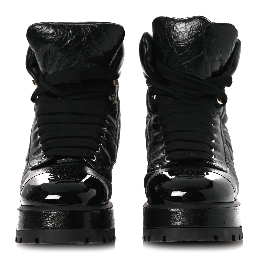 Crumpled Patent Lambskin Calfskin Quilted Lace Up Combat Boots 39 Black