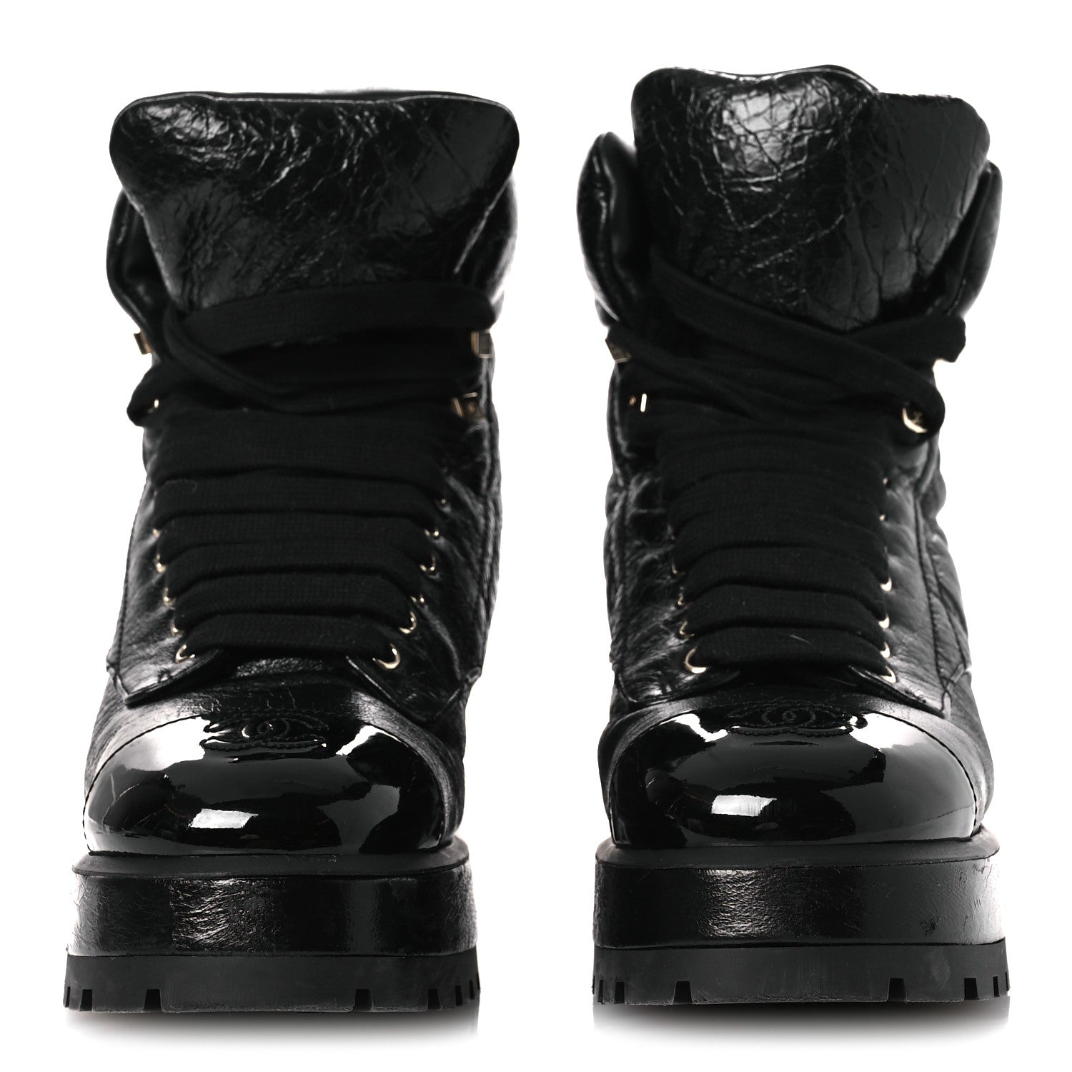 Crumpled Patent Lambskin Calfskin Quilted Lace Up Combat Boots 39 Black
