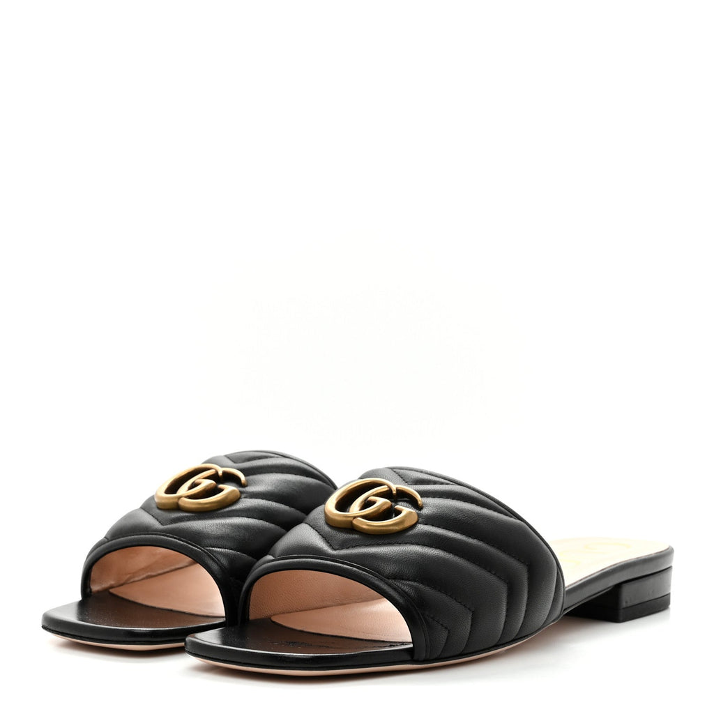 Gucci Nappa Matelasse GG Marmont Flat Slide Sandals 40 Black