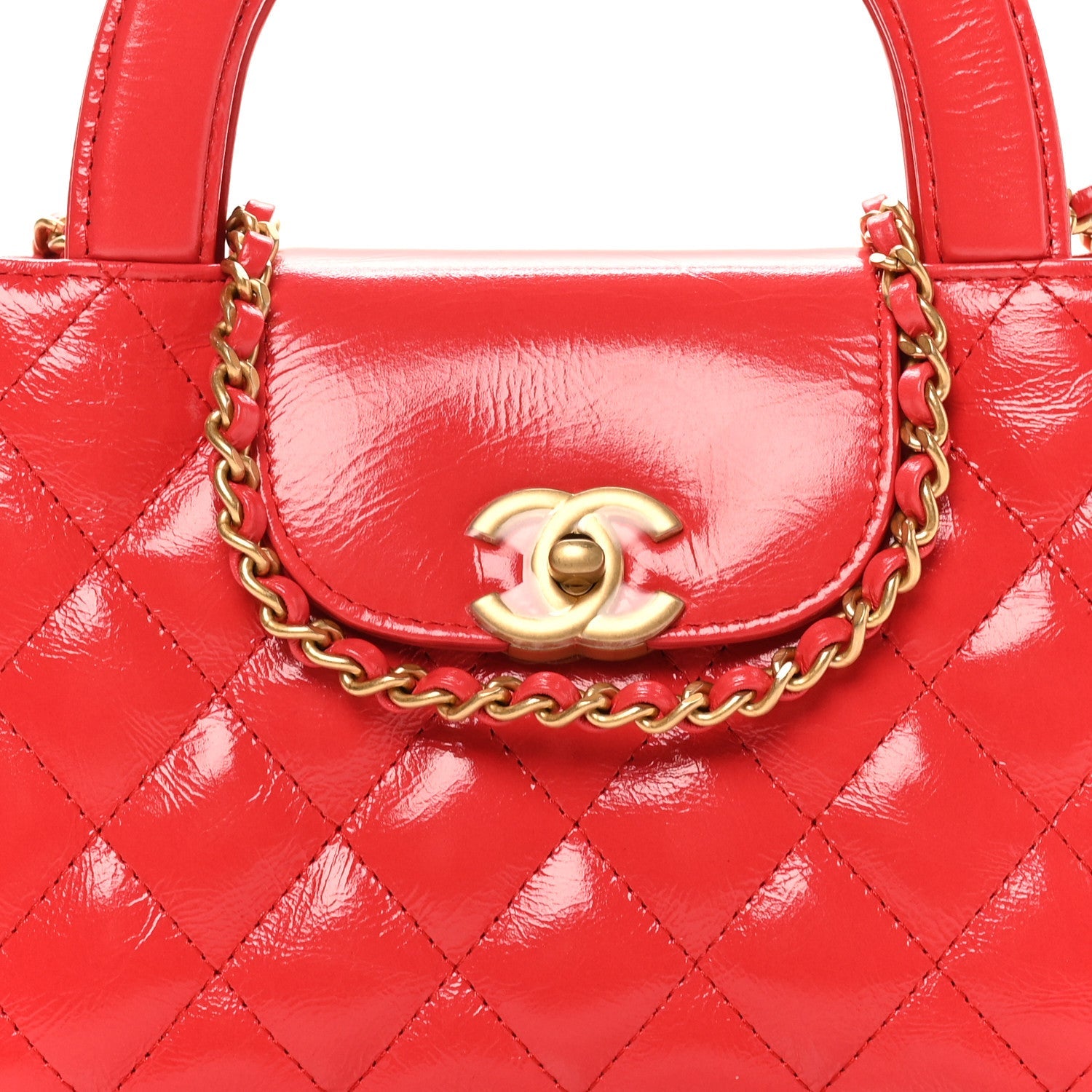 Chanel Shiny Aged Calfskin Quilted Nano Kelly Shopper Dark Red