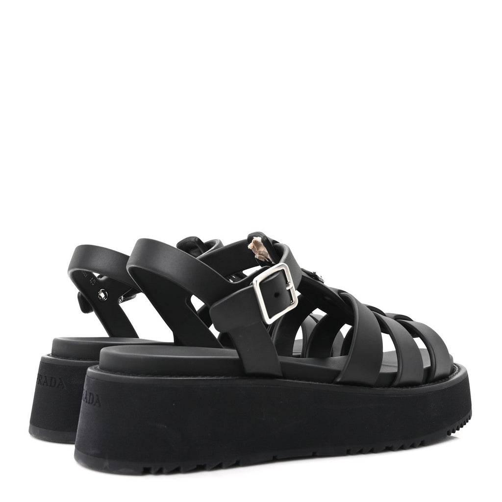 Prada Foam Rubber Metal Triangle Logo Soft Cage Women Sandals 40 Black