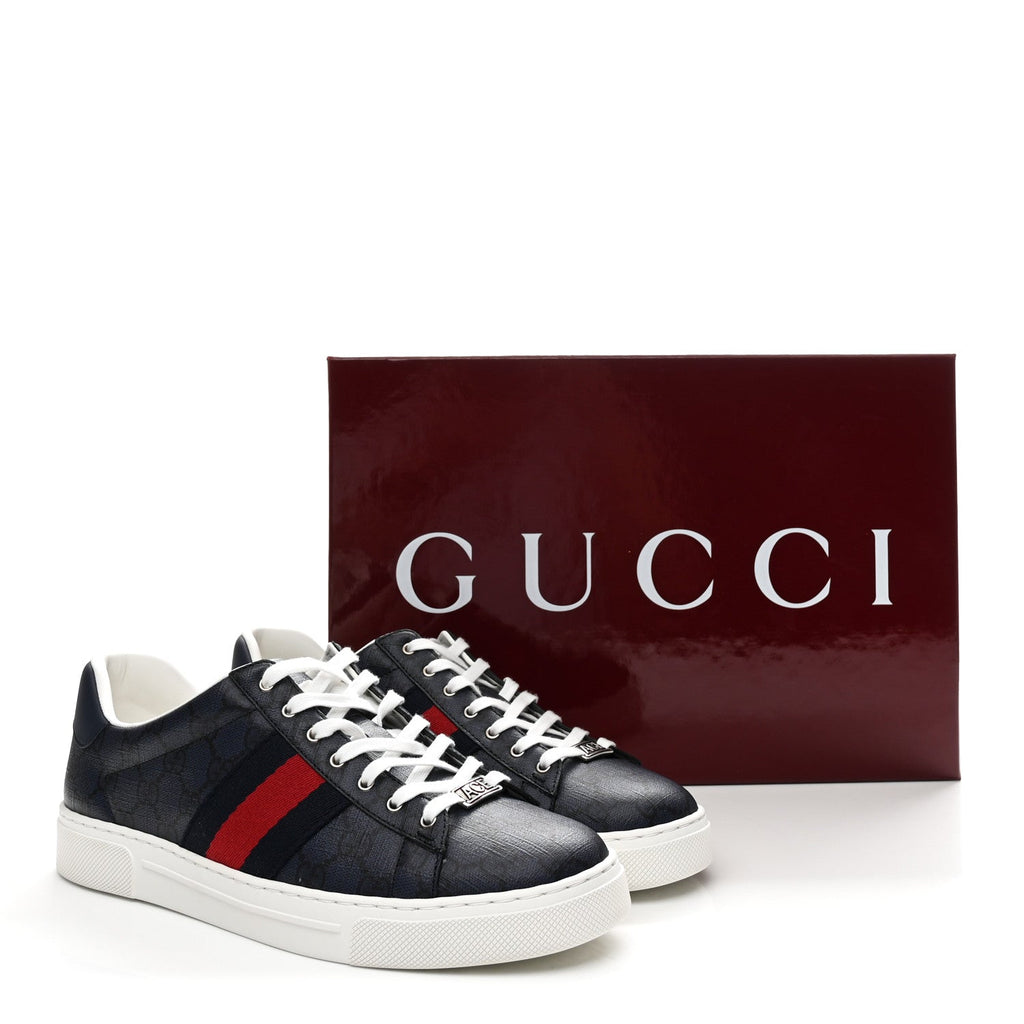 Gucci GG Supreme Monogram Ayers Web Mens New Ace Sneakers 8 Dark Blue