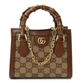 Gucci New Canvas Charisma Calfskin Crystal GG Monogram Mini Diana Tote Bag Camel Ebony