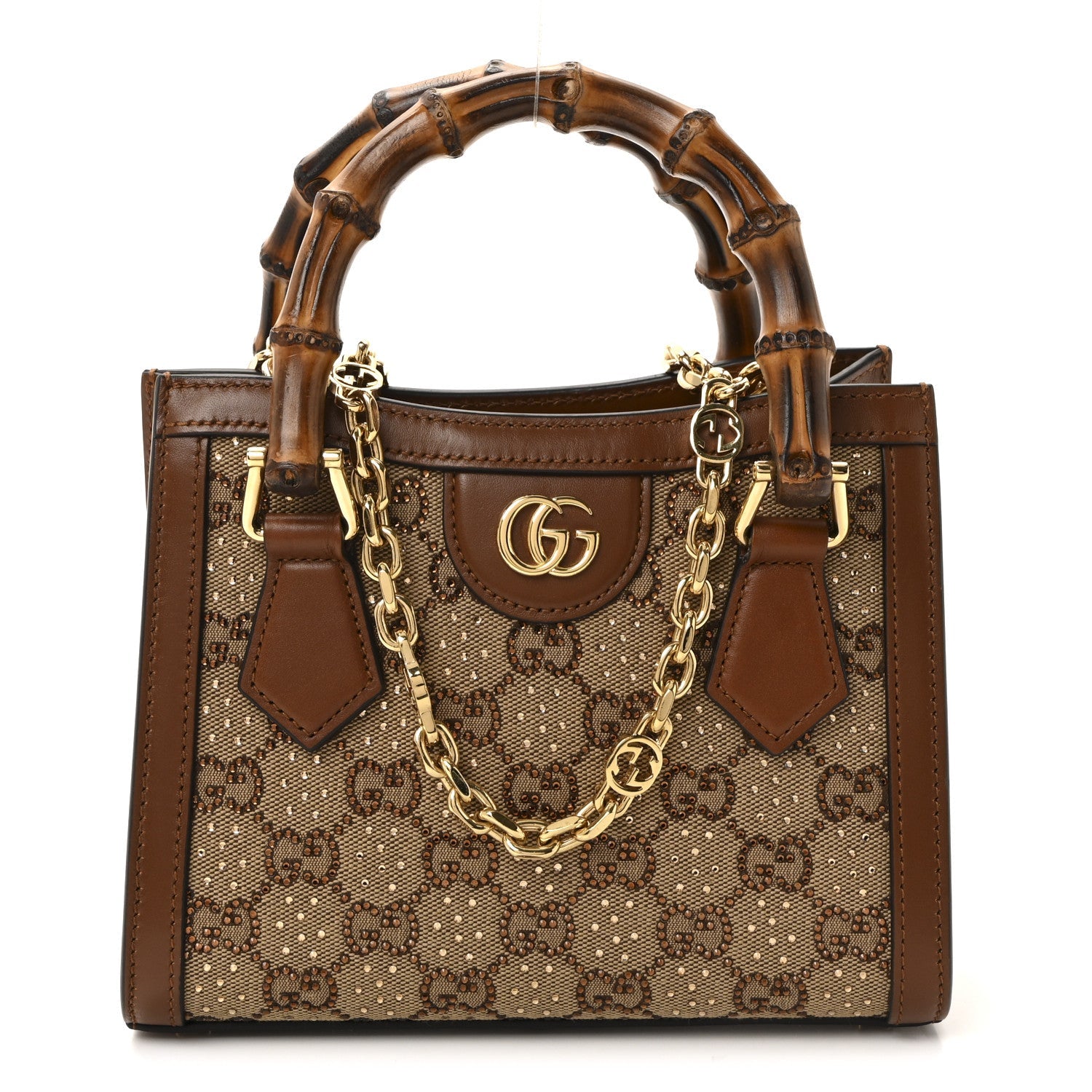Gucci New Canvas Charisma Calfskin Crystal GG Monogram Mini Diana Tote Bag Camel Ebony