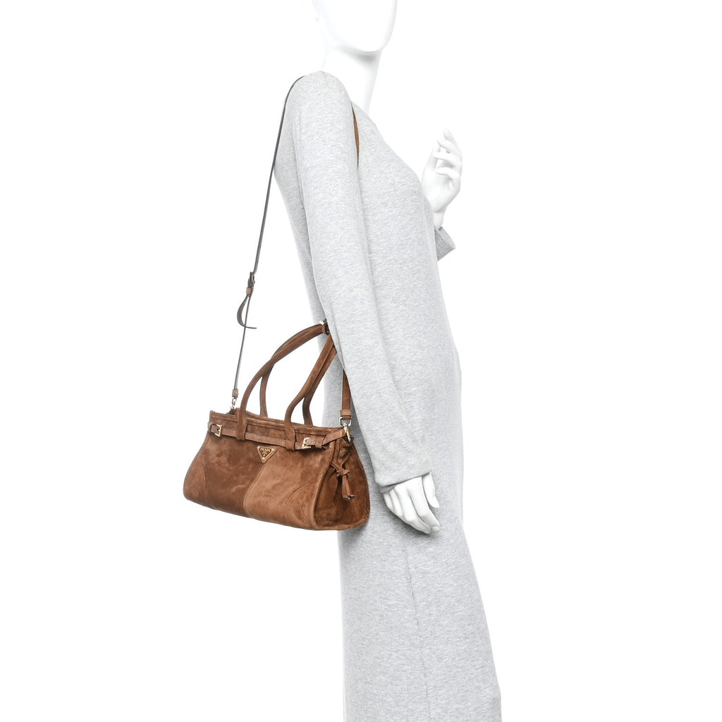 Prada Suede Triangle Medium Bonnie Shoulder Bag Cacao