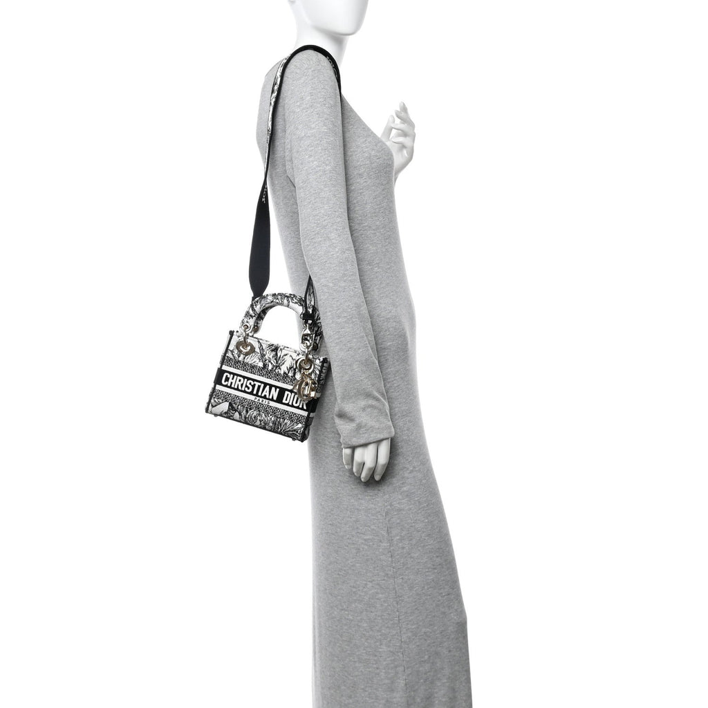 Christian Dior Canvas Embroidered Toile De Jouy Mini Lady D-Lite White Black