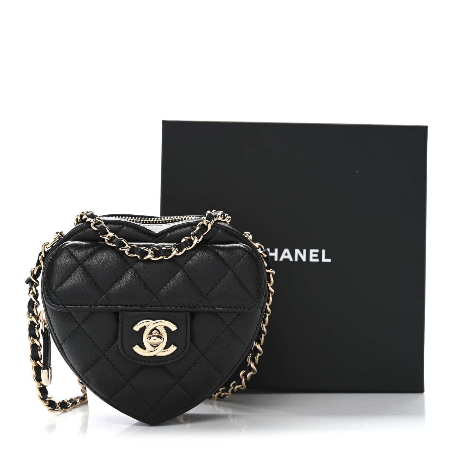 Chanel Lambskin Quilted CC In Love Heart Clutch With Chain Black