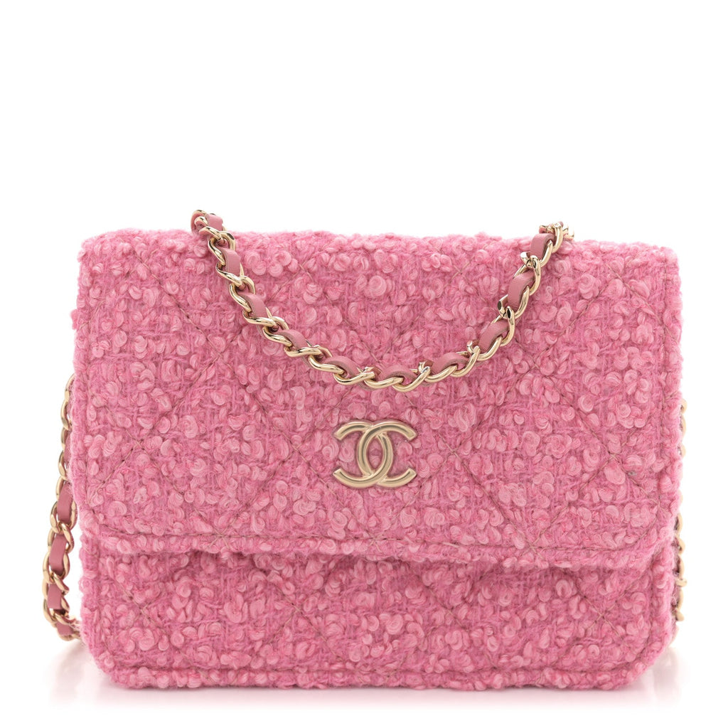 Chanel Tweed Quilted Flap Chain Waist Bag Pink