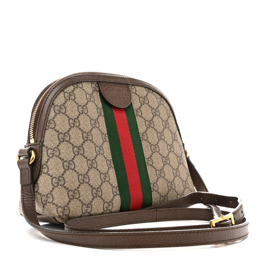 Gucci GG Supreme Monogram Textured Dollar Calfskin Web Small Ophidia Dome Shoulder Bag Beige Ebony New Acero