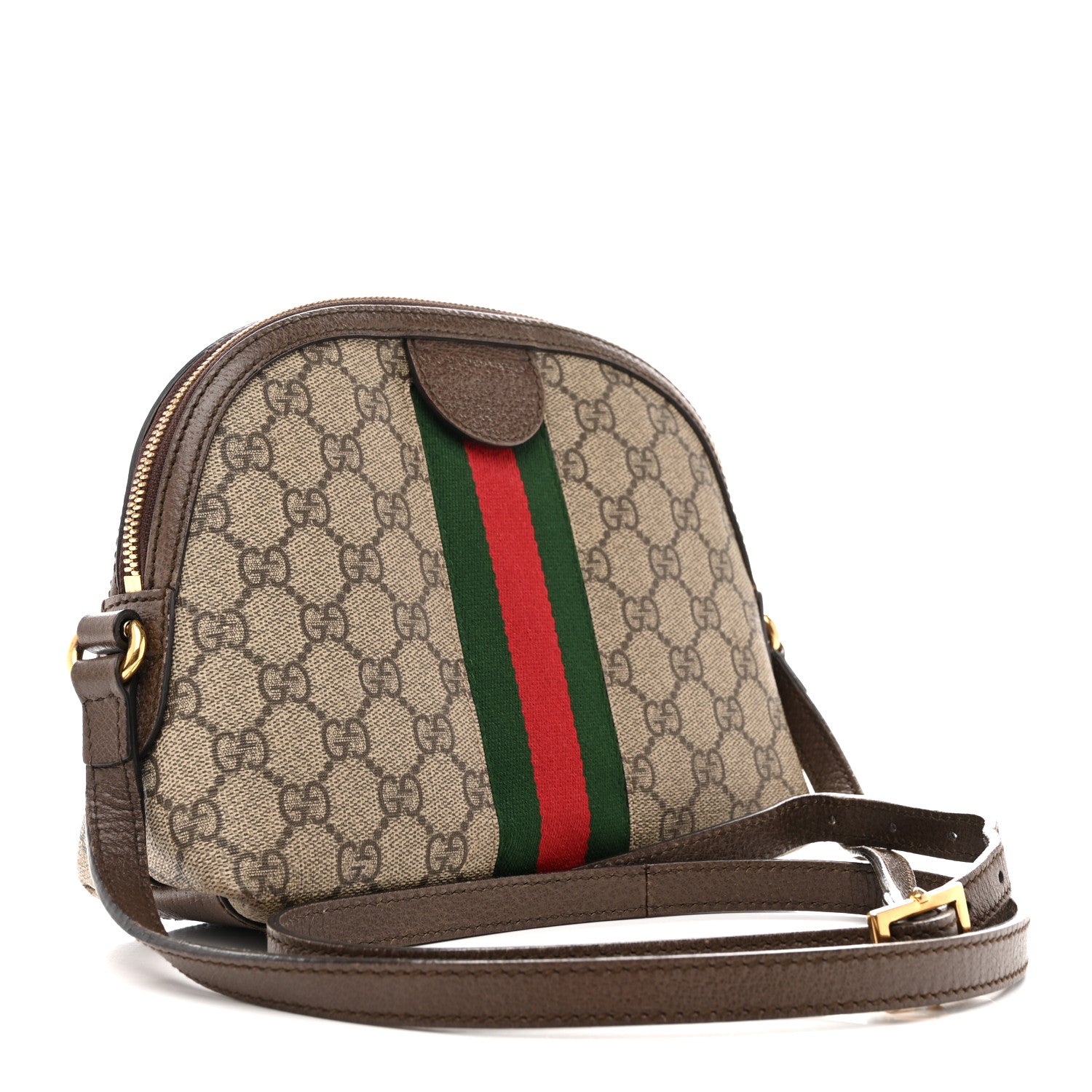 Gucci GG Supreme Monogram Textured Dollar Calfskin Web Small Ophidia Dome Shoulder Bag Beige Ebony New Acero