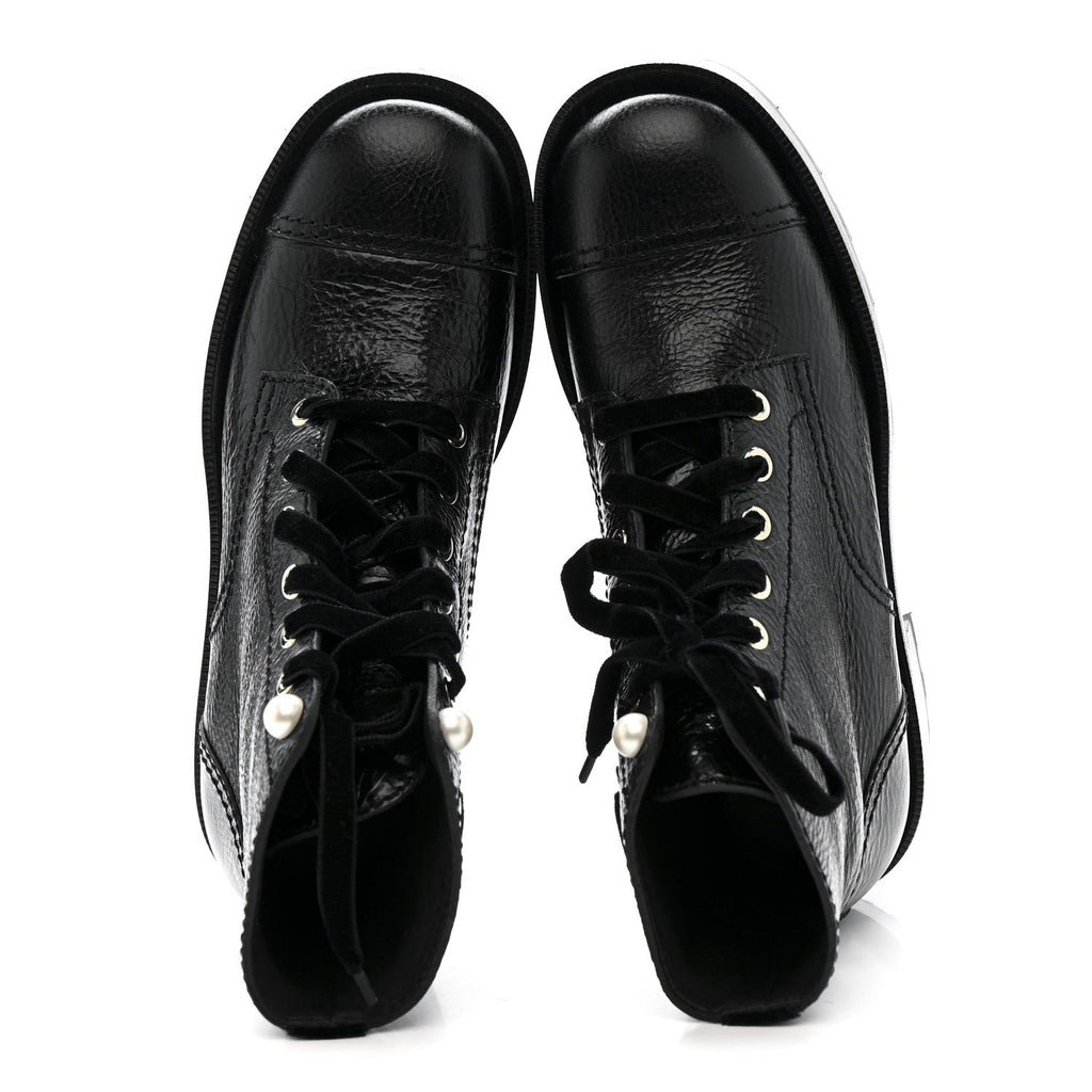 Chanel Shiny Calfskin Velvet Pearl Combat Short Boots 38 Black