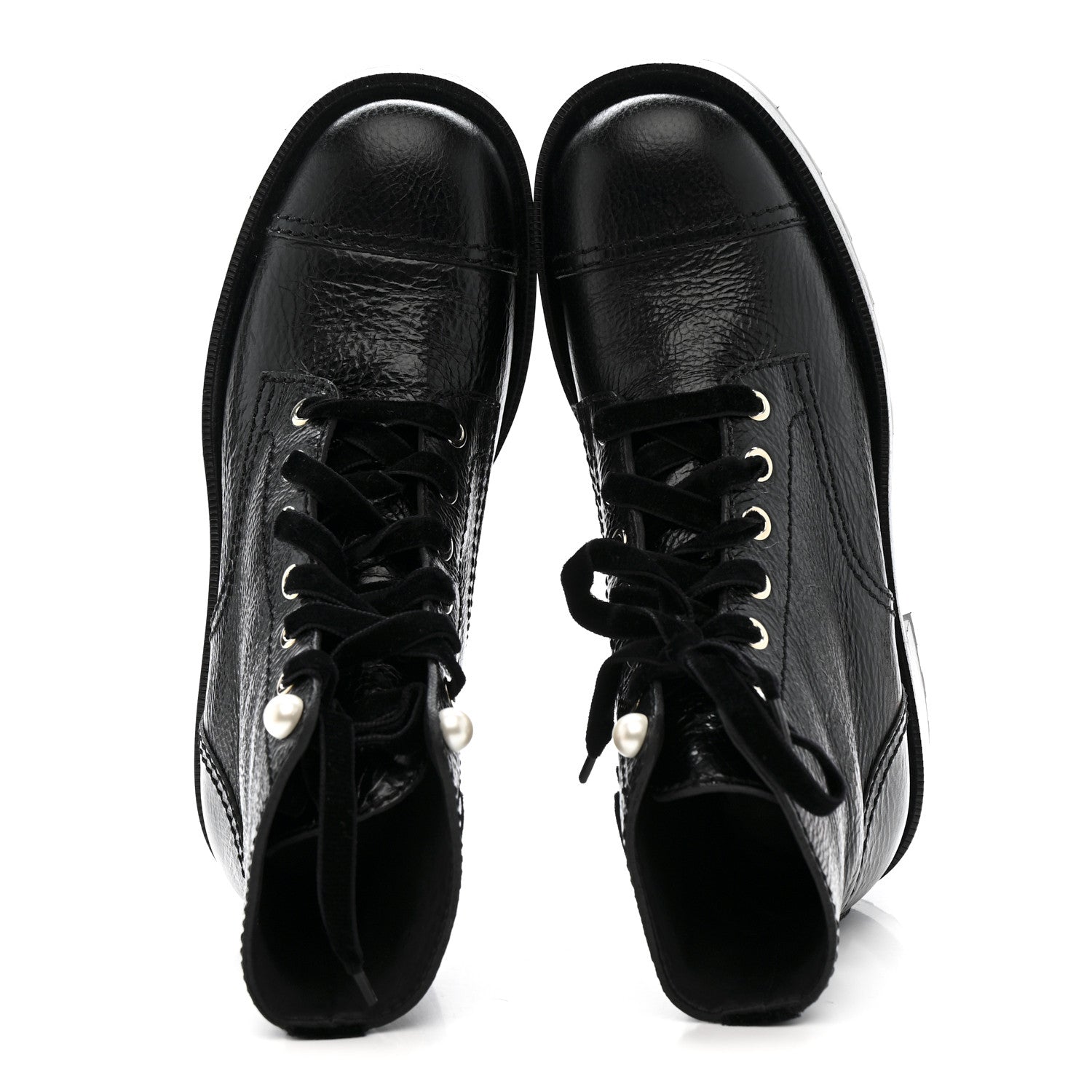 Chanel Shiny Calfskin Velvet Pearl Combat Short Boots 38 Black