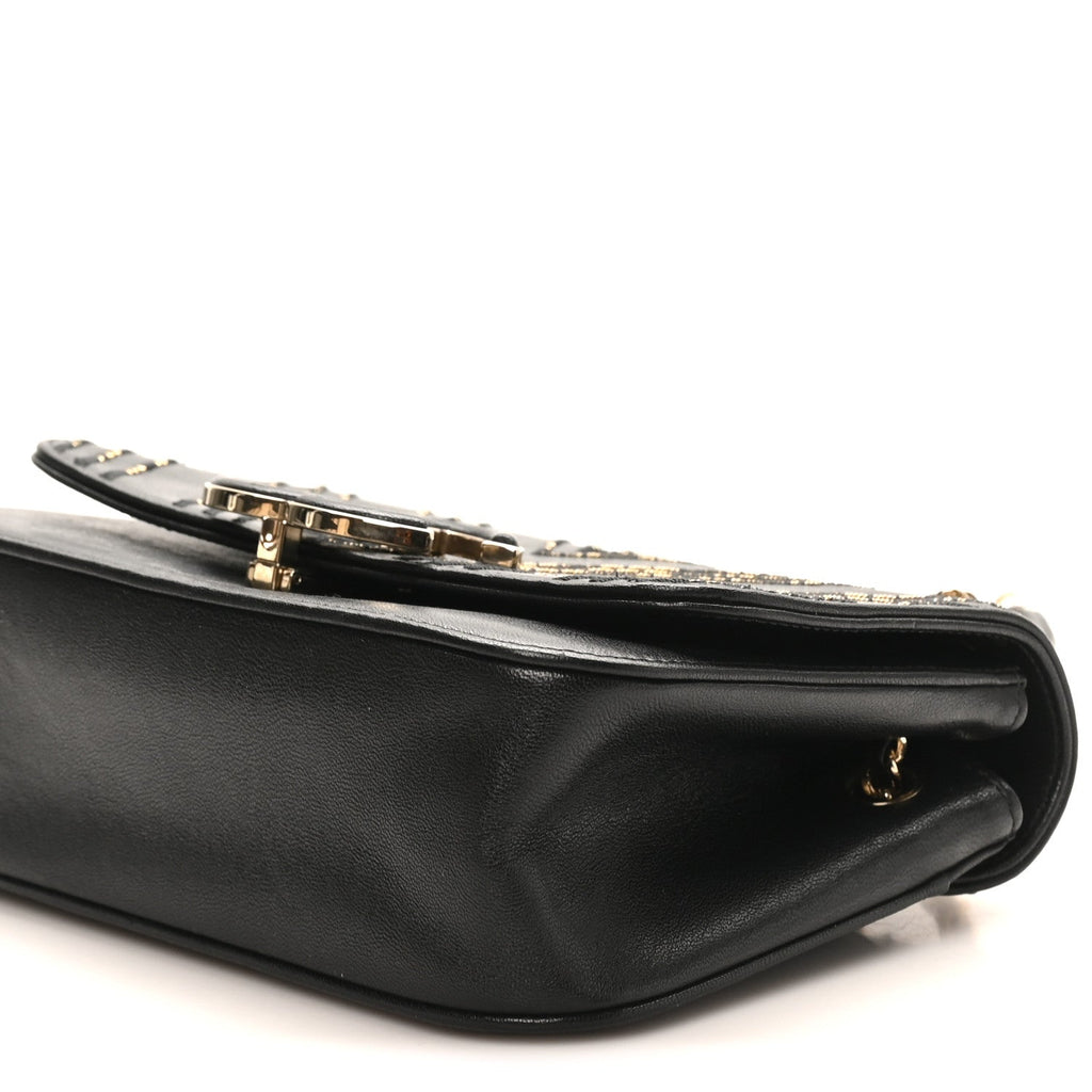 Chanel Calfskin Chevron Beaded Chain Mini Square Flap Black
