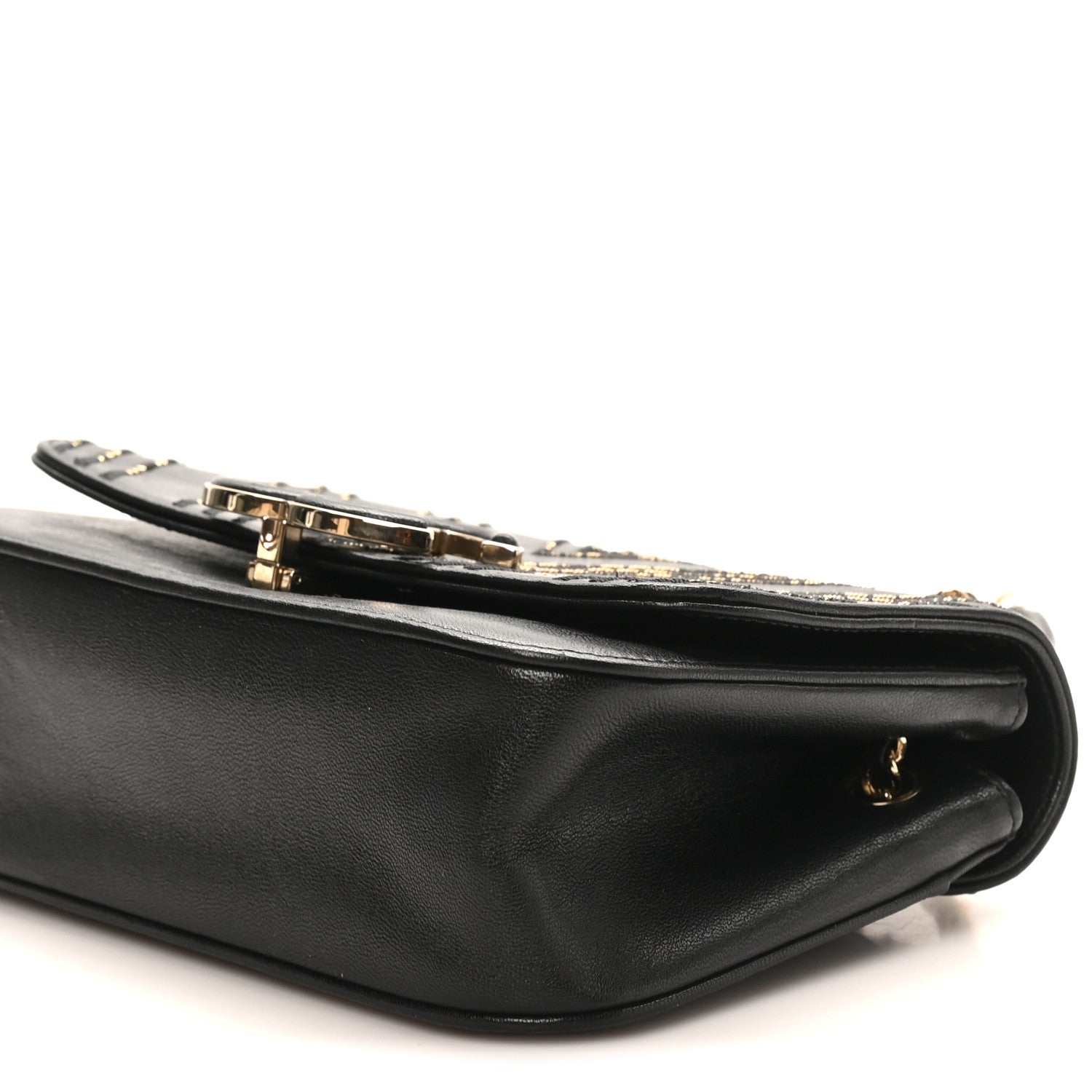 Chanel Calfskin Chevron Beaded Chain Mini Square Flap Black
