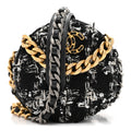 Chanel Tweed Quilted 19 Round Clutch With Chain Black White