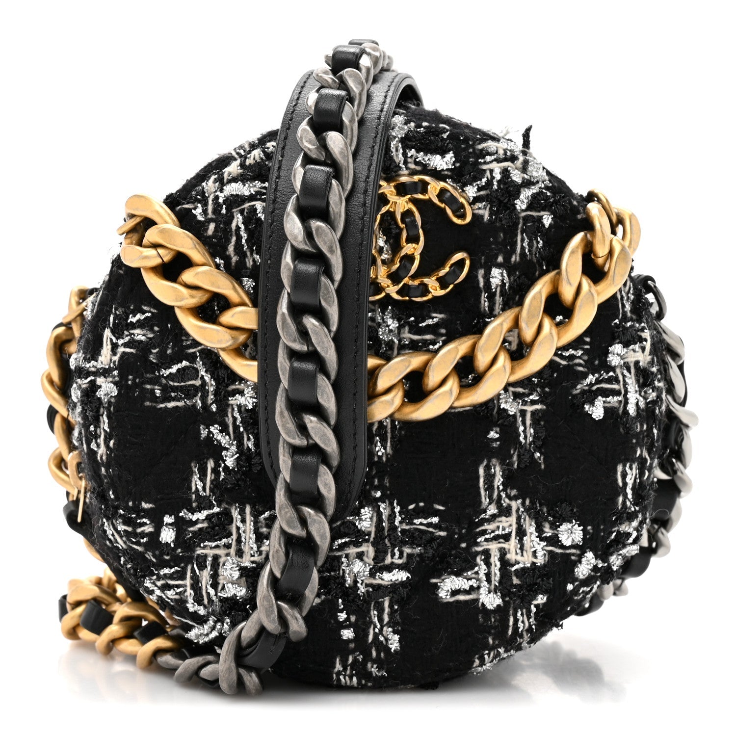 Chanel Tweed Quilted 19 Round Clutch With Chain Black White