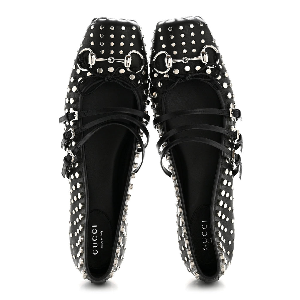 Gucci Nappa Carmaque Studded Horsebit Ballet Flats 39.5 Black