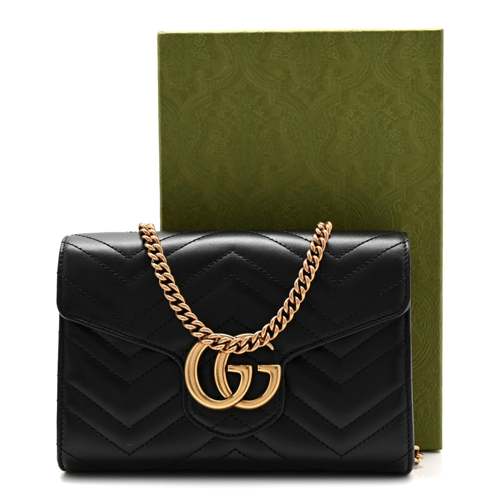 Gucci Calfskin Matelasse GG Marmont Chain Wallet Black