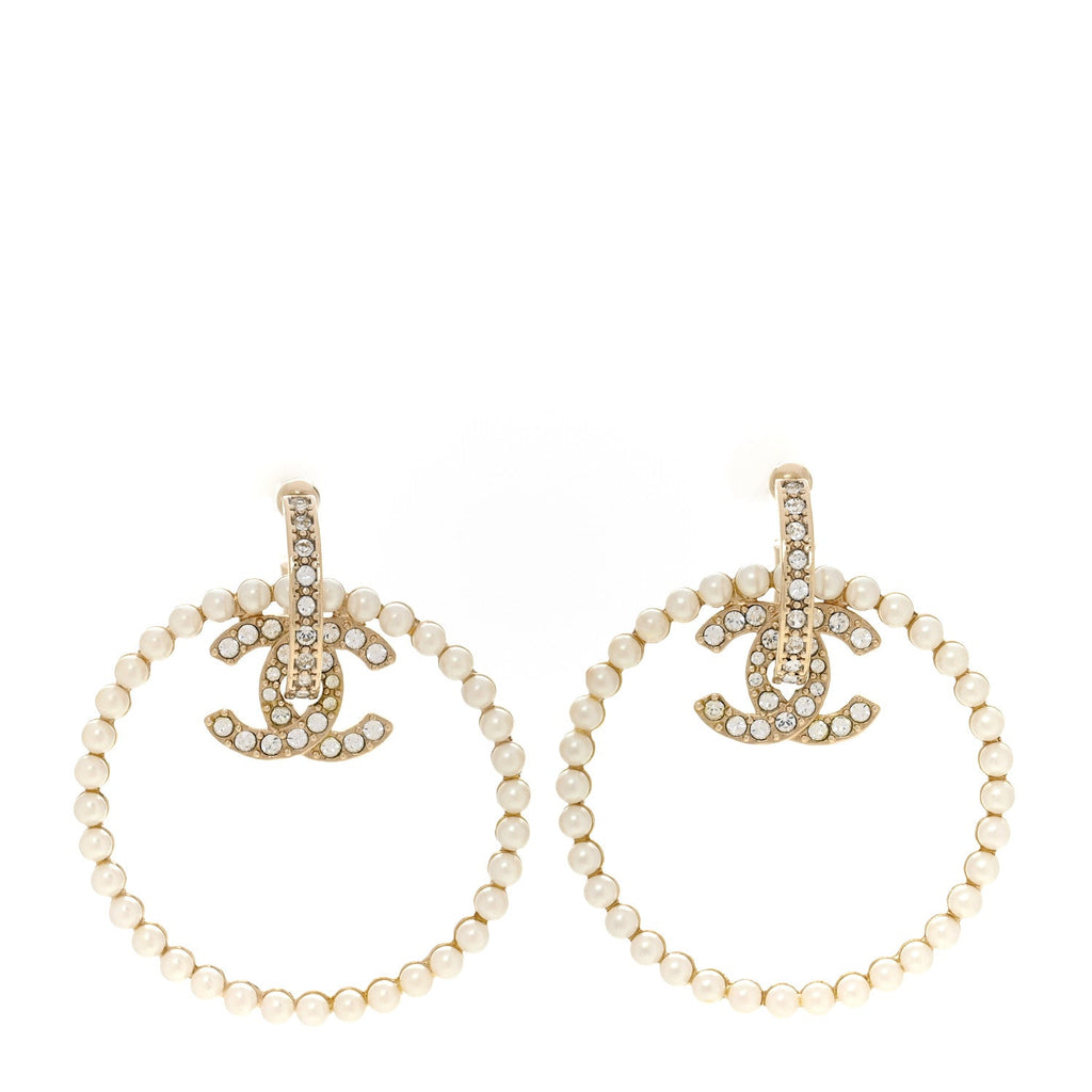 Crystal Pearl CC Door Knocker Hoop Earrings Gold Pearly White