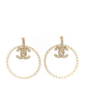 Crystal Pearl CC Door Knocker Hoop Earrings Gold Pearly White