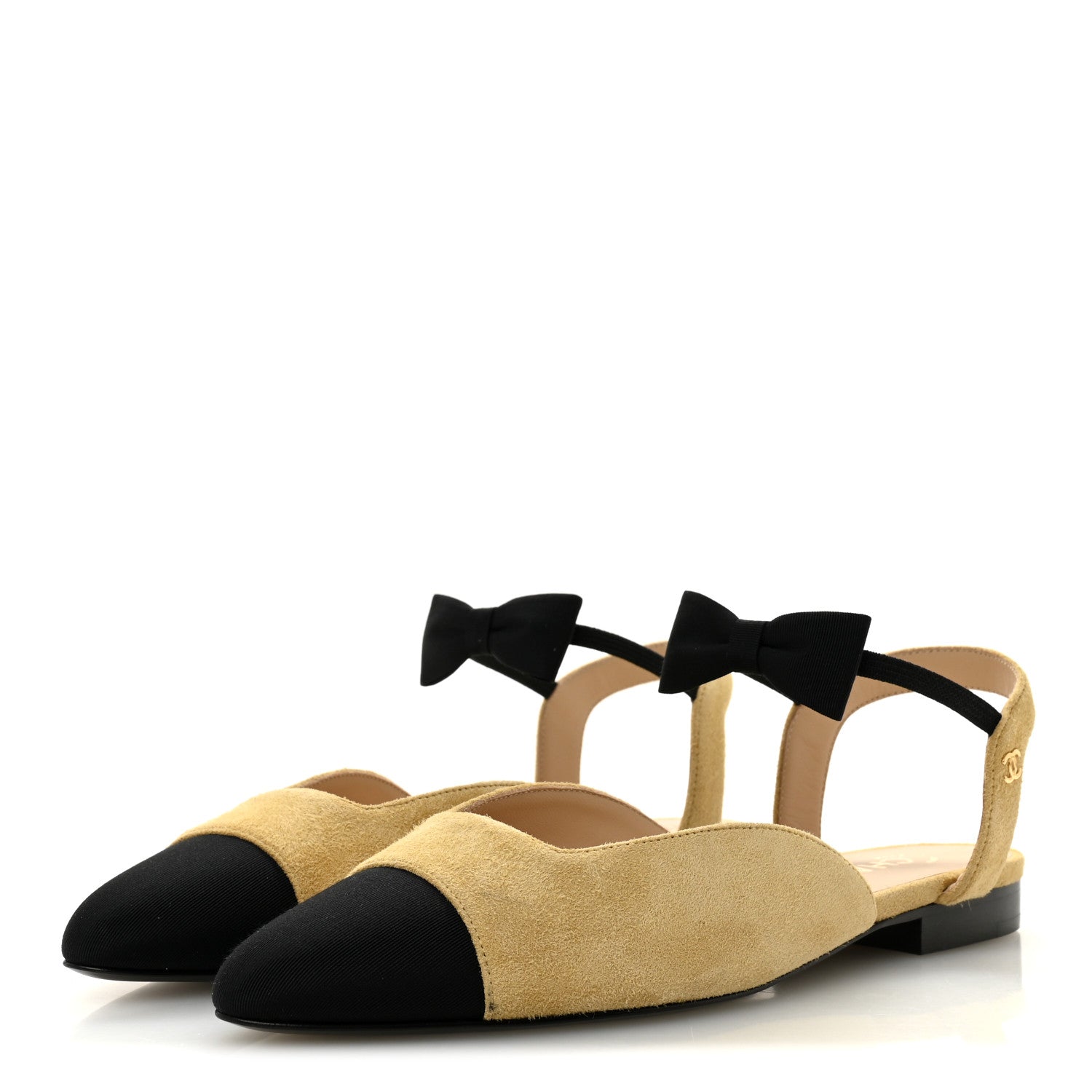 Chanel Suede Grosgrain Bow Cap Toe CC Slingback Flats 38 Beige Black