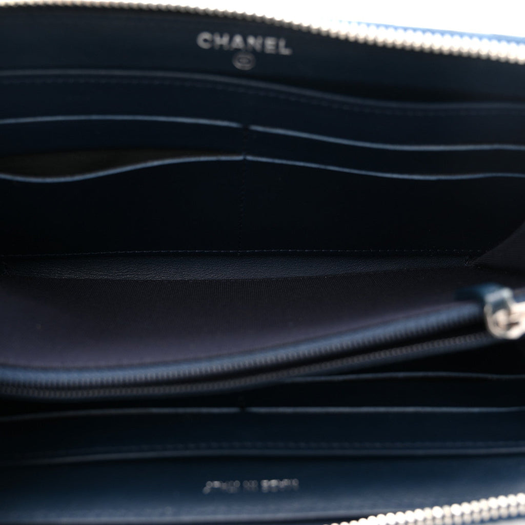 Patent Quilted Zip Around Wallet Dark Blue