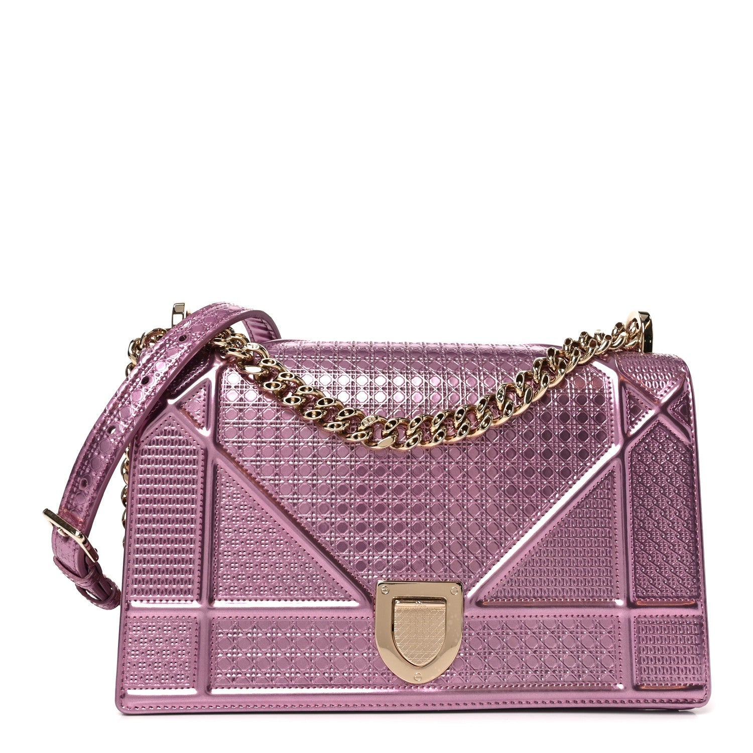 Christian Dior Metallic Patent Micro-Cannage Medium Diorama Flap Bag Pink