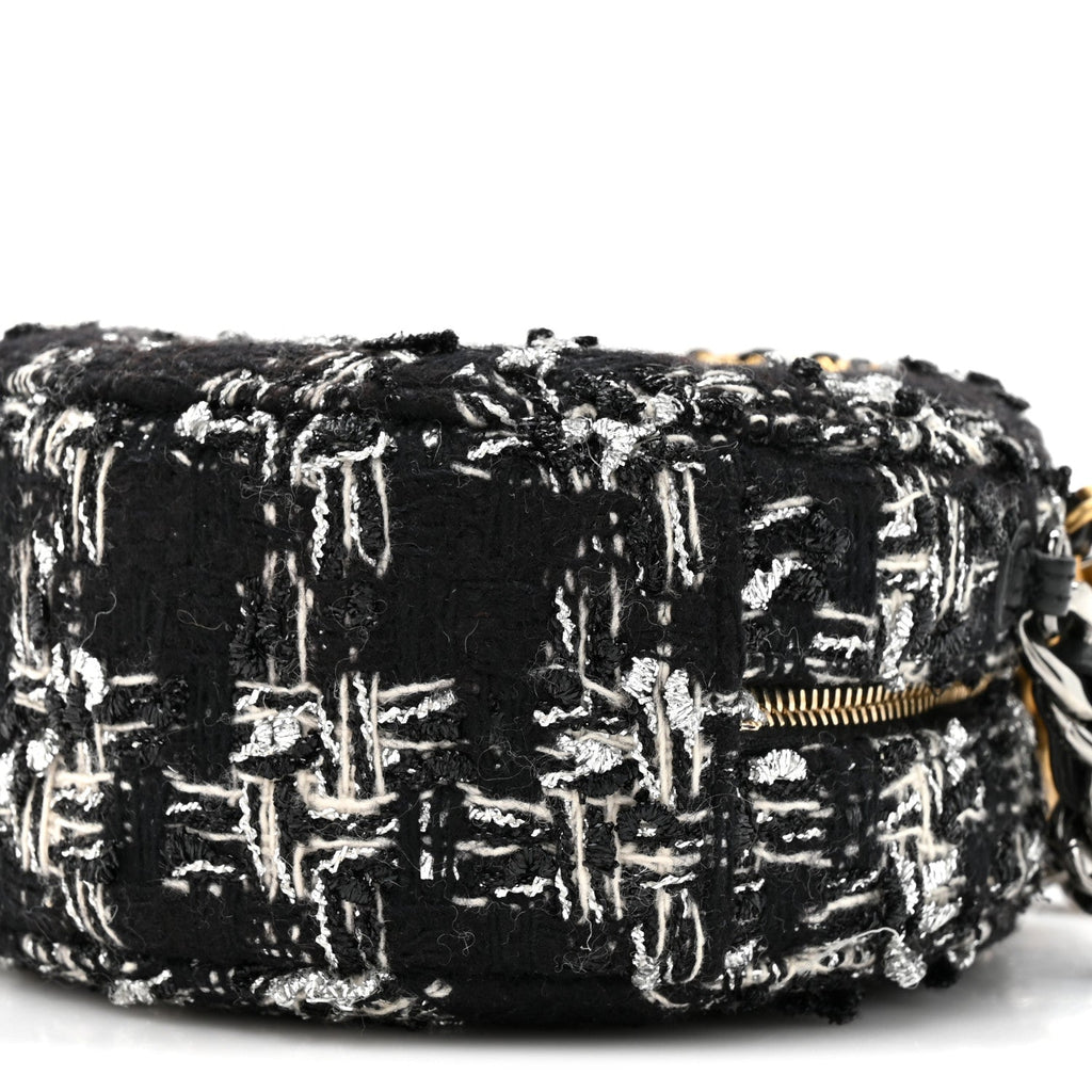 Chanel Tweed Quilted 19 Round Clutch With Chain Black White