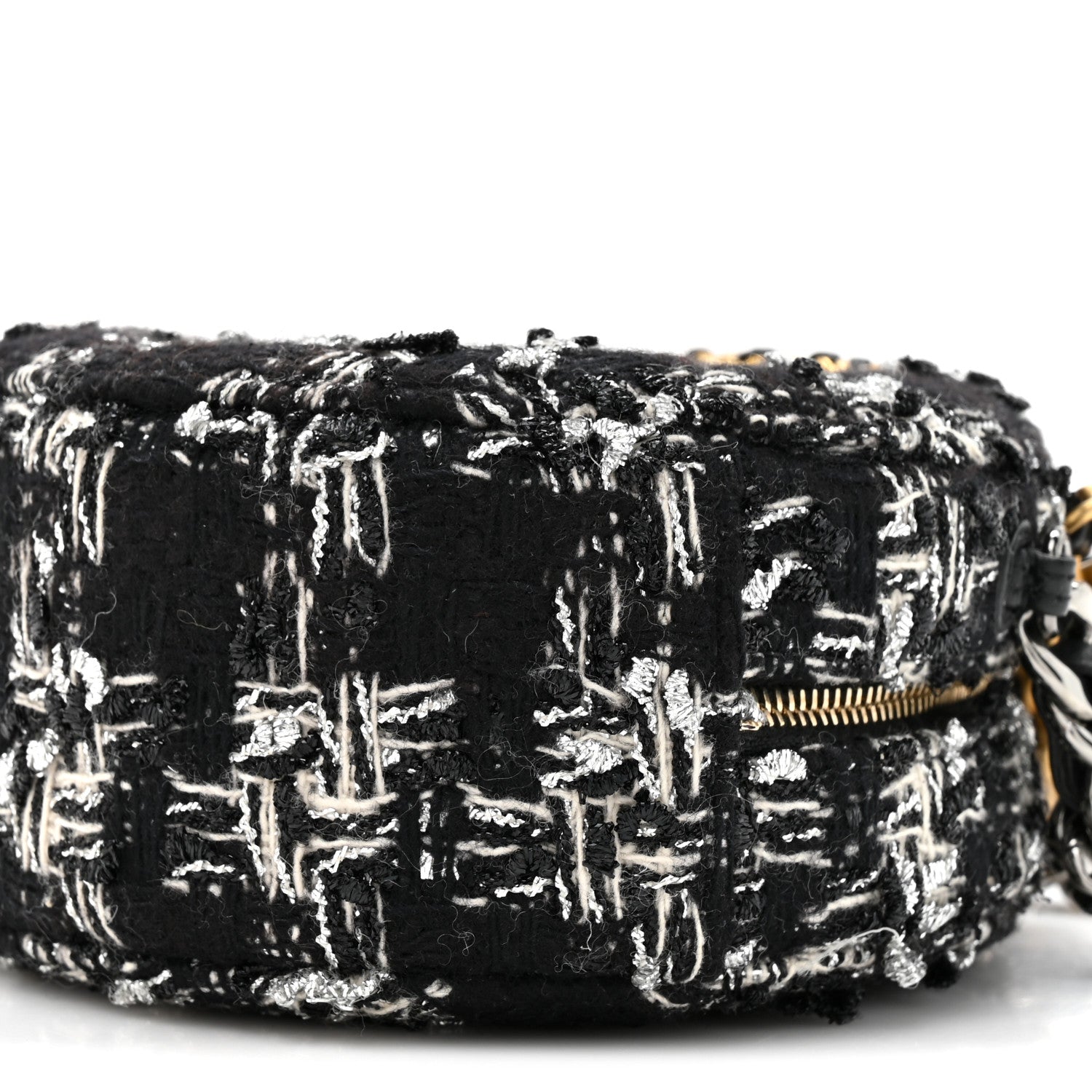 Chanel Tweed Quilted 19 Round Clutch With Chain Black White