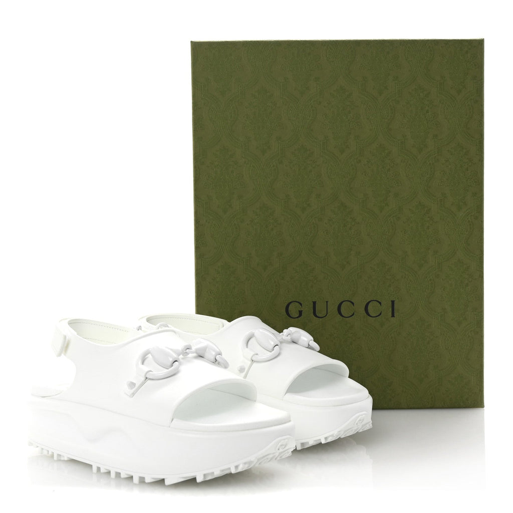 Gucci Soft Rubber Horsebit Touch Womens Strapped Sandals 37 Great White