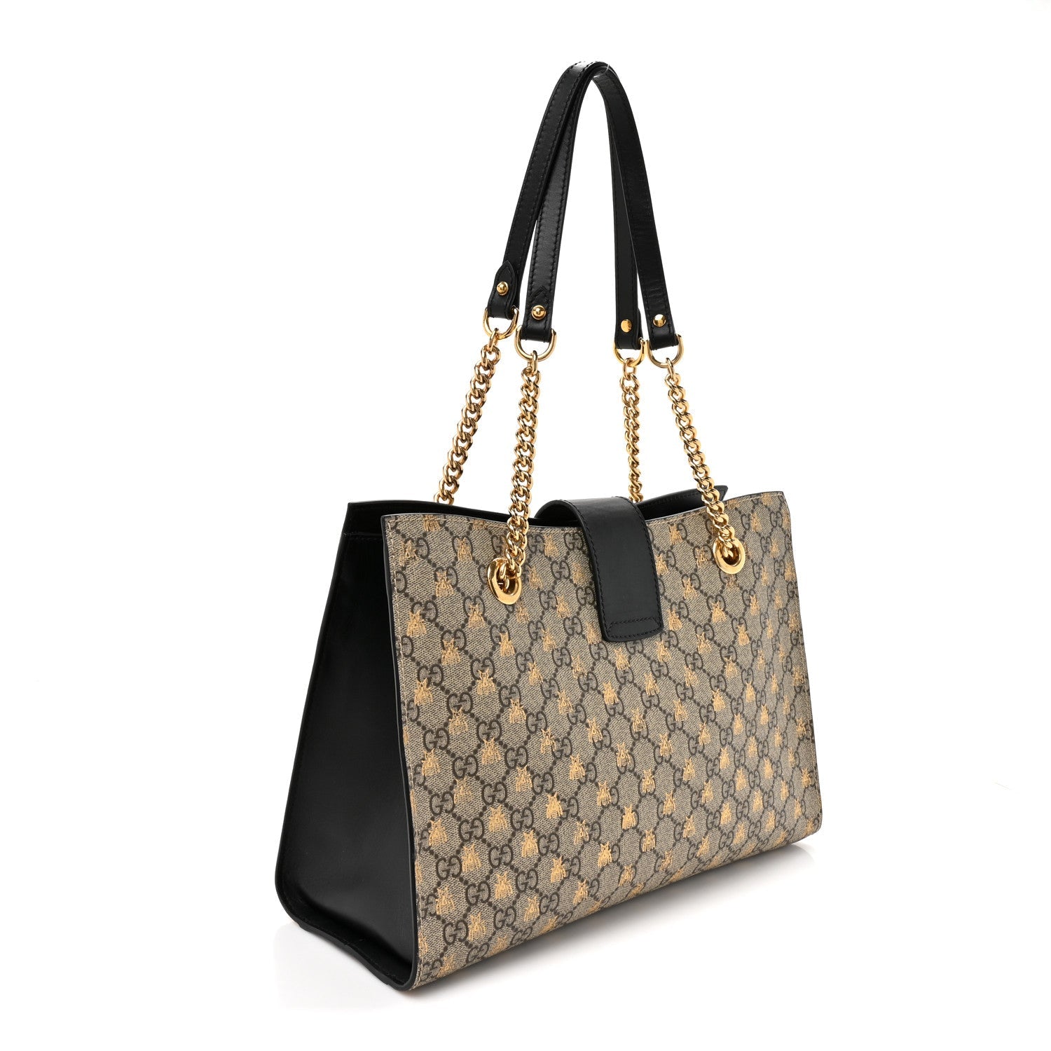 Gucci GG Supreme Monogram Bees Medium Padlock Tote Beige Oro Black