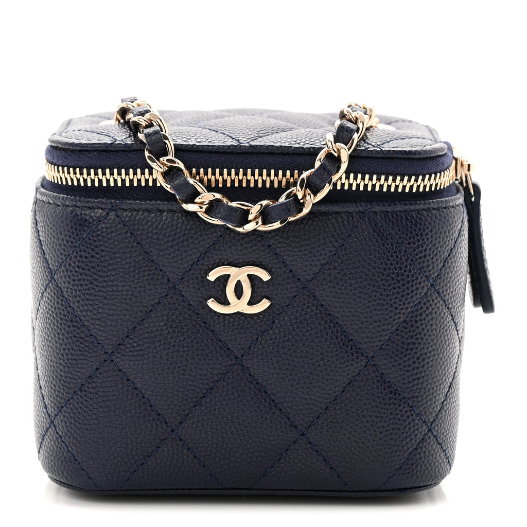 Chanel Caviar Quilted Mini Vanity Case With Chain Navy Blue