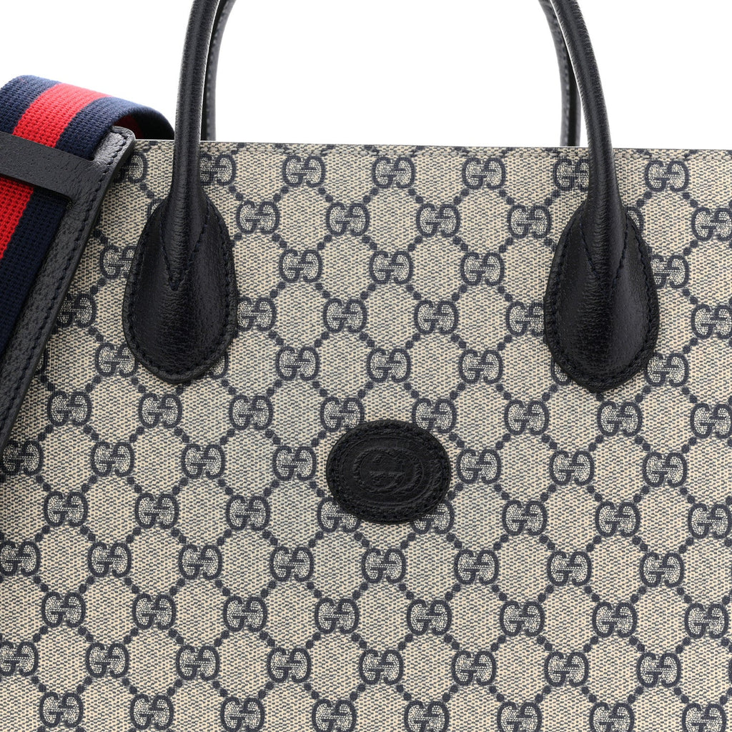 Gucci GG Supreme Monogram Azalea Calfskin Medium Retro Interlocking G Tote Bag Beige Blue